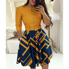 Autumn Elegant Print Slim Belt Party Dress For Women 2023 Sexy V Neck Zipper Long Sleeve A Line Dress Office Lady Dresses Femme