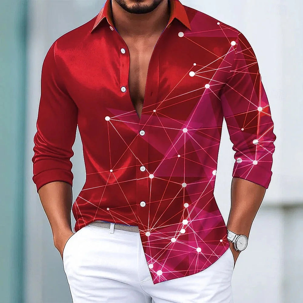 Men's Retro Print Shirt Long Sleeve Lapel Single-Breasted Comfortable Streetwear