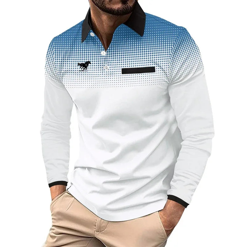 Men Clothes New Long Sleeve 3D Digital Print Lapel Polo Shirt Men Fashion Fake Pocket Stitching Tops Men Golf Polo Shirt