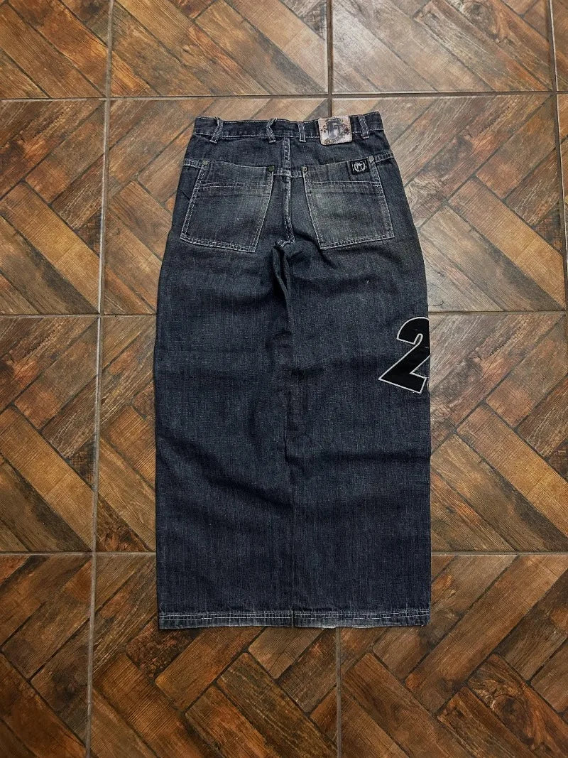 Letters Embroidered Big Pockets Washed Baggy Jeans Women High Street Vintage