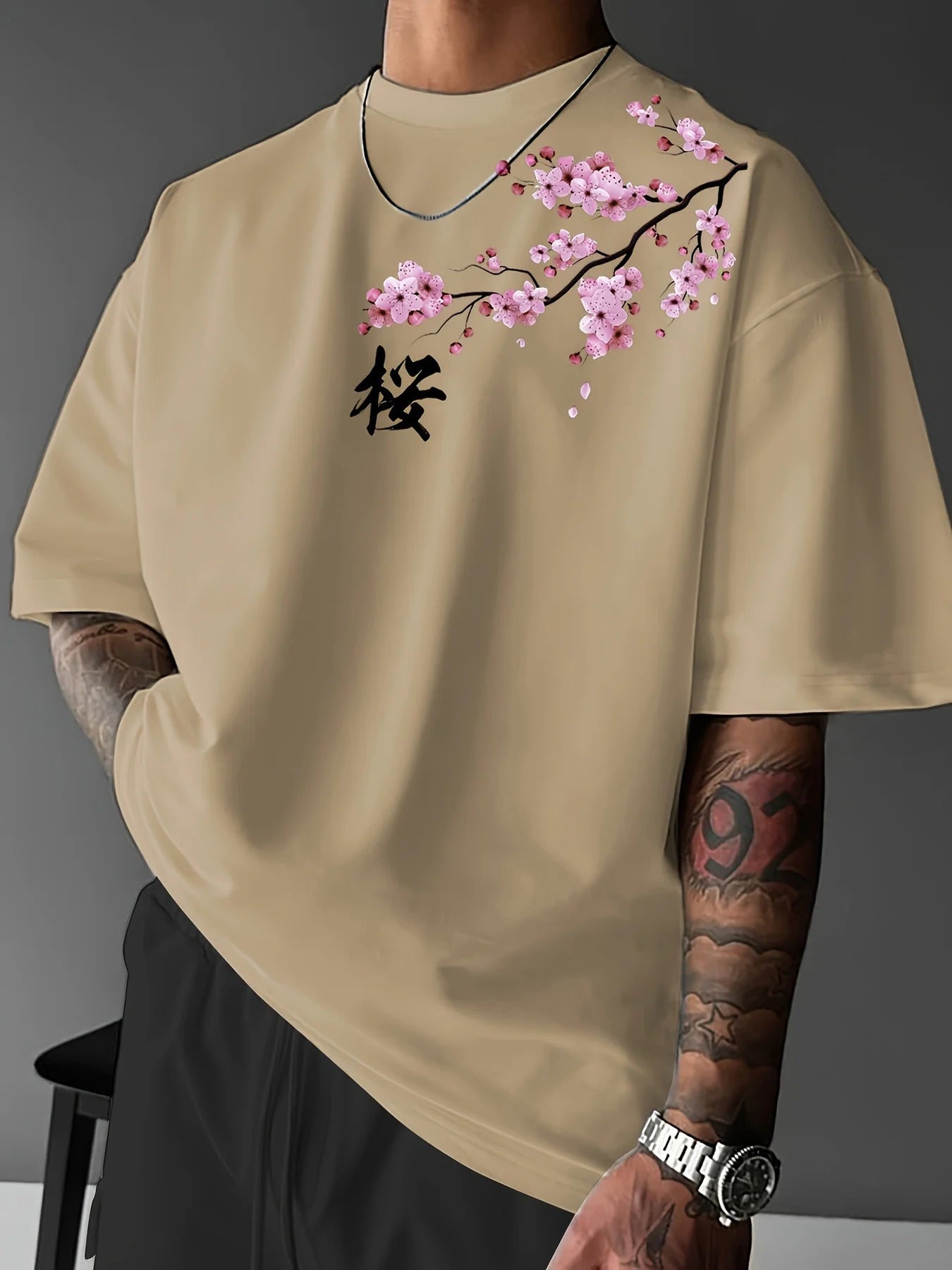 casual loose cherry blossom Japanese element printed sports breathable short sleeved round neck T-shirt