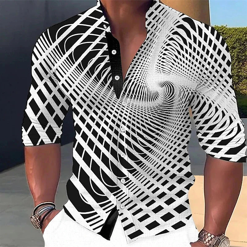 Men's long-sleeved shirt, stylish geometric print shirt, business casual slim-fit long-sleeved collared shirt for men.