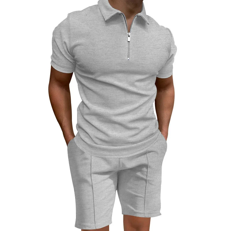 Men's summer suits solid color waffle lapel slim-fit short sleeve t-shirt