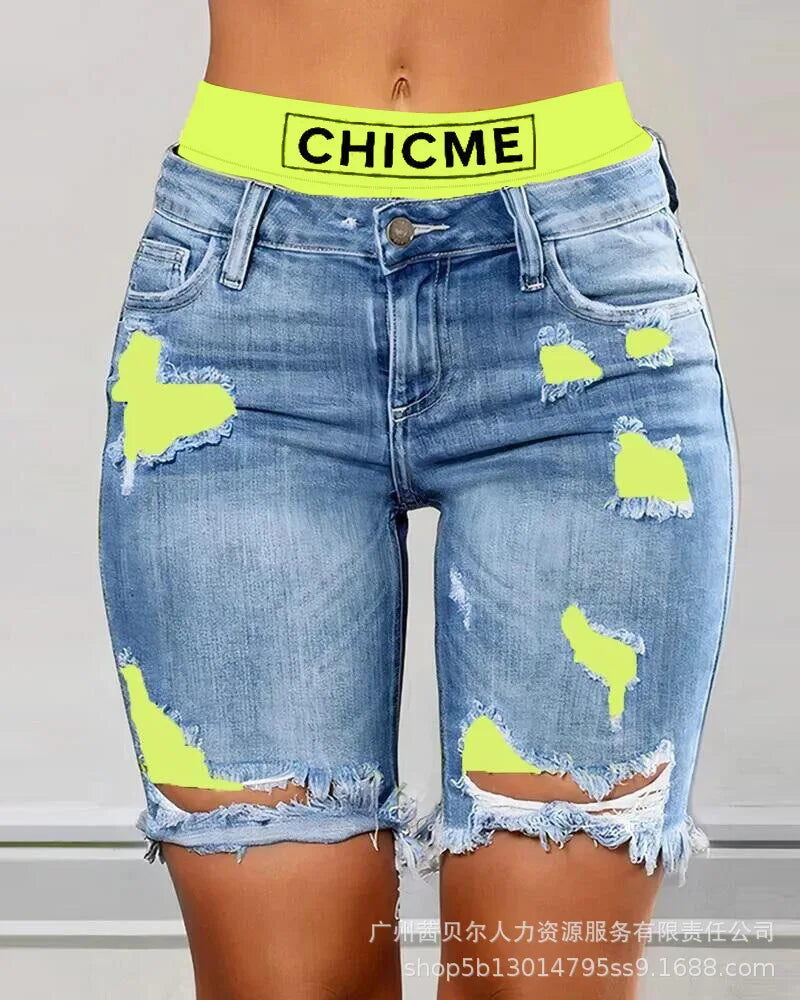 Fake Two-Piece Patchwork Cutout Ripped Jeans Women Ankle Length Fashion Casual High Waist Pencil Pants Denim