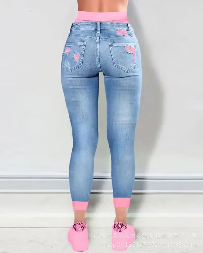 Fake Two-Piece Patchwork Cutout Ripped Jeans Women Ankle Length Fashion Casual High Waist Pencil Pants Denim
