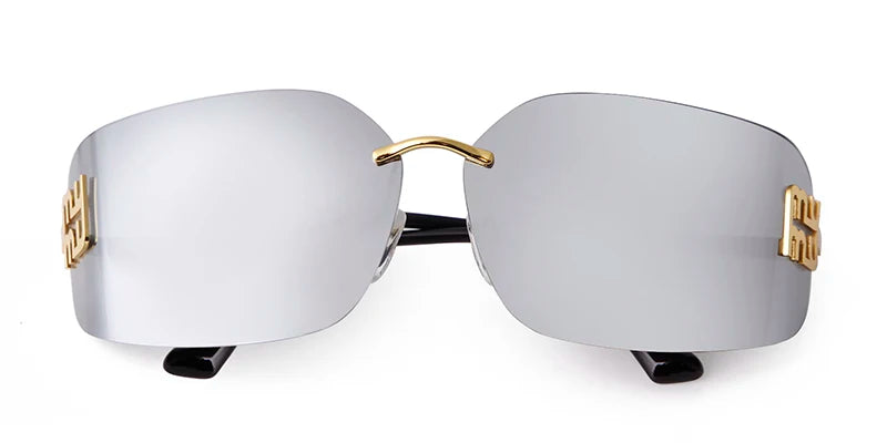 Trend Curved Rimless Film Lens Sunglasses Women Men Brand Design Metal Rivets Gradient Frameless Rectangle Shades Sun Glasses UV