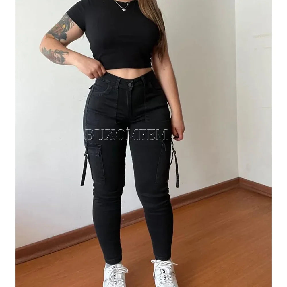 Straight Cargo Jeans Women's Streetwear Stretchy High Waisted New Fashion Jeans Unique Multi-Pocket Female Style Fall Pantalones