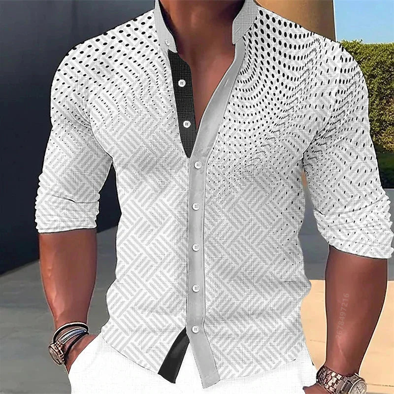Men's long-sleeved shirt, stylish geometric print shirt, business casual slim-fit long-sleeved collared shirt for men.