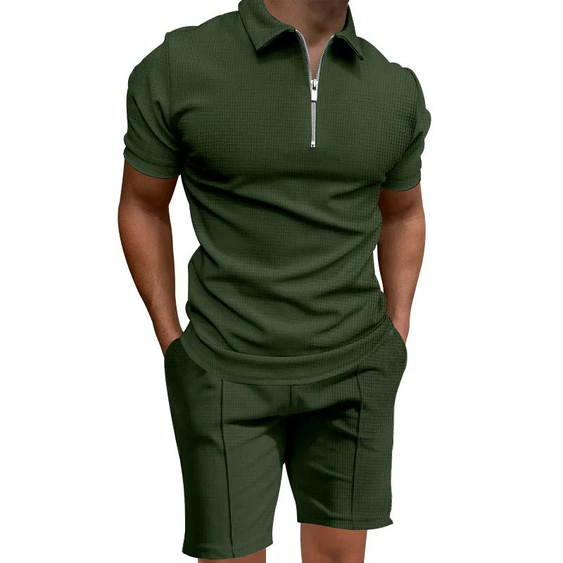 Men's summer suits solid color waffle lapel slim-fit short sleeve t-shirt