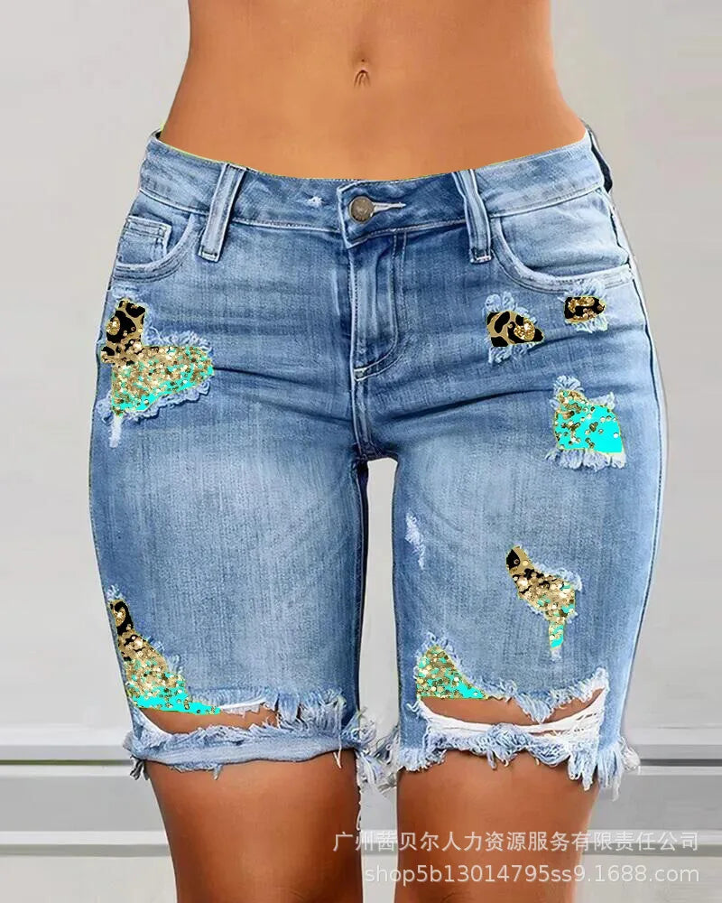 Fake Two-Piece Patchwork Cutout Ripped Jeans Women Ankle Length Fashion Casual High Waist Pencil Pants Denim