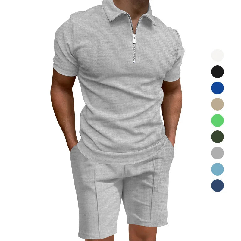 Men's summer suits solid color waffle lapel slim-fit short sleeve t-shirt