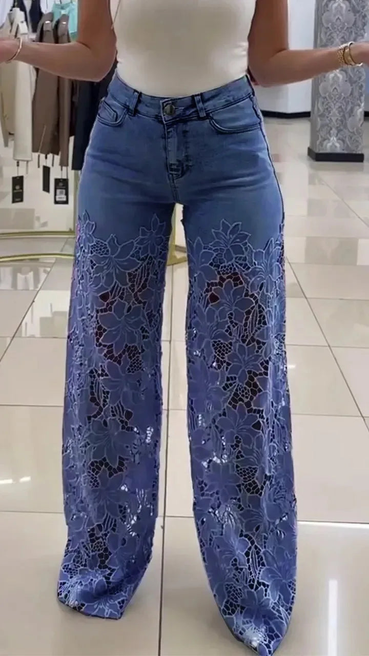 Fashion Elegant Jeans for Women High Waist Lace Patchwork Pantalones Hollow Out Oversized Spring Casual Loose All Match Pants