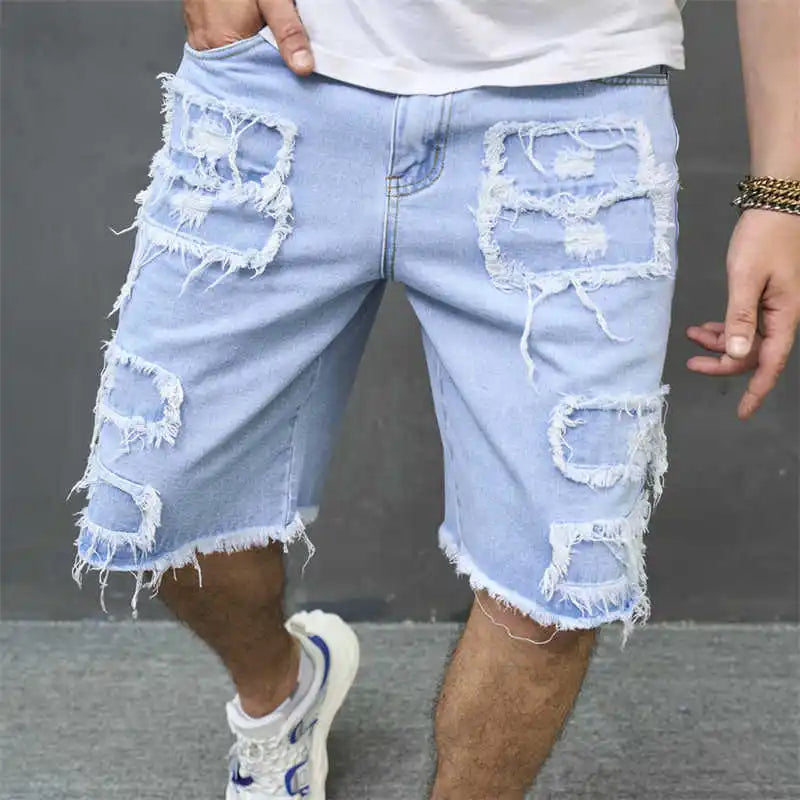 Denim Hole Knee Length Men Washed Jean Mid Waist Spliced Ripped Pockets