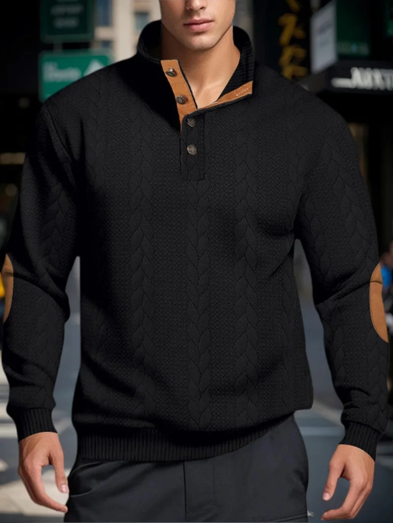 Men’s Knitted Jacquard Sweaters Button Stand-up Collar Warm Pullover Sweaters