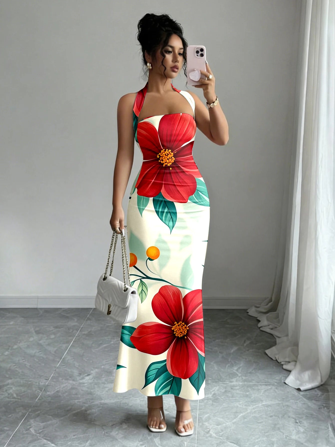 Hip-Hugging Sleeveless Long Skirt with Hanging Neck Design