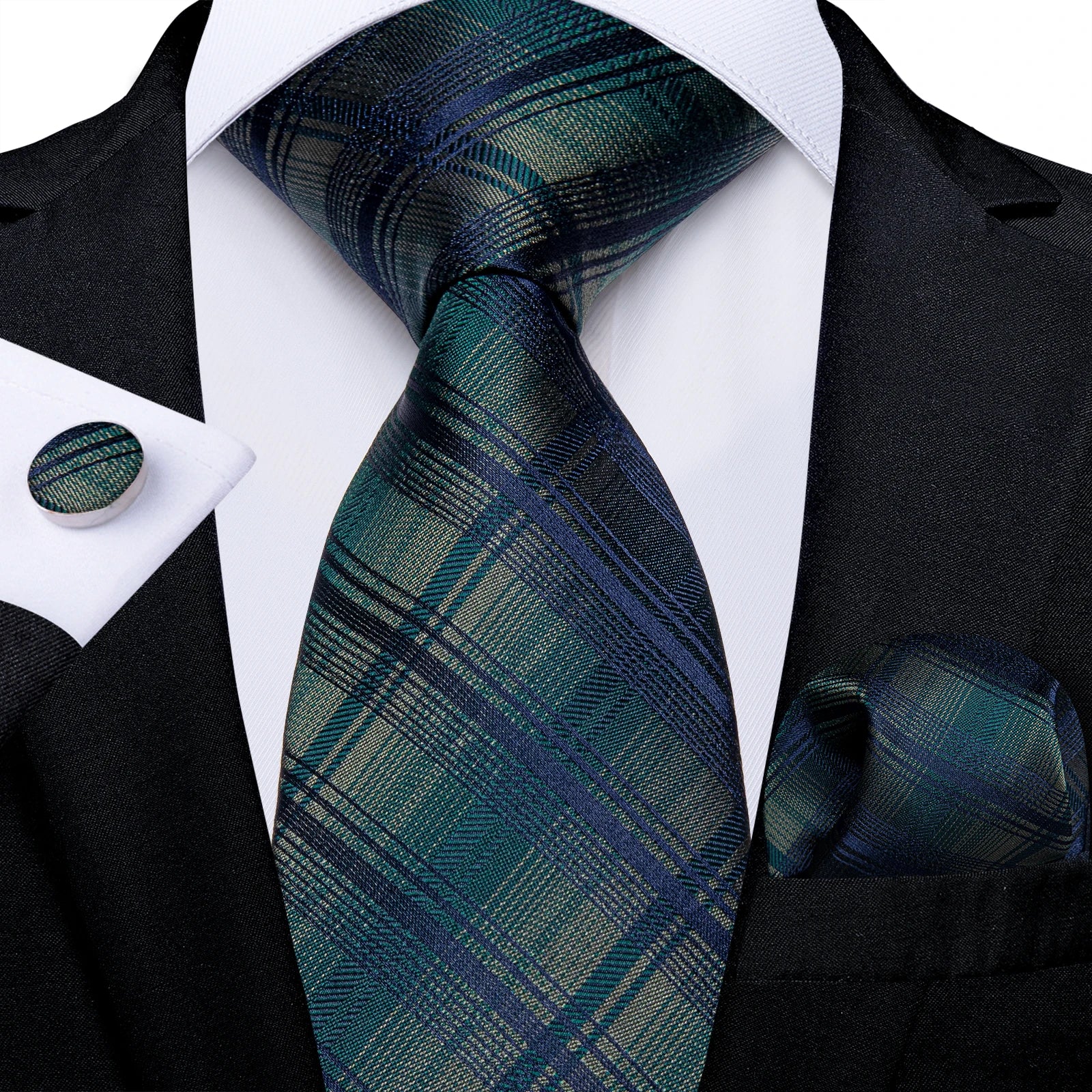 Luxury Blue Plaid Dot Ties For Men Solid Wedding Accessories Neck Tie Handkerchief Cufflinks Set Gravatas Mens Gift DiBanGu