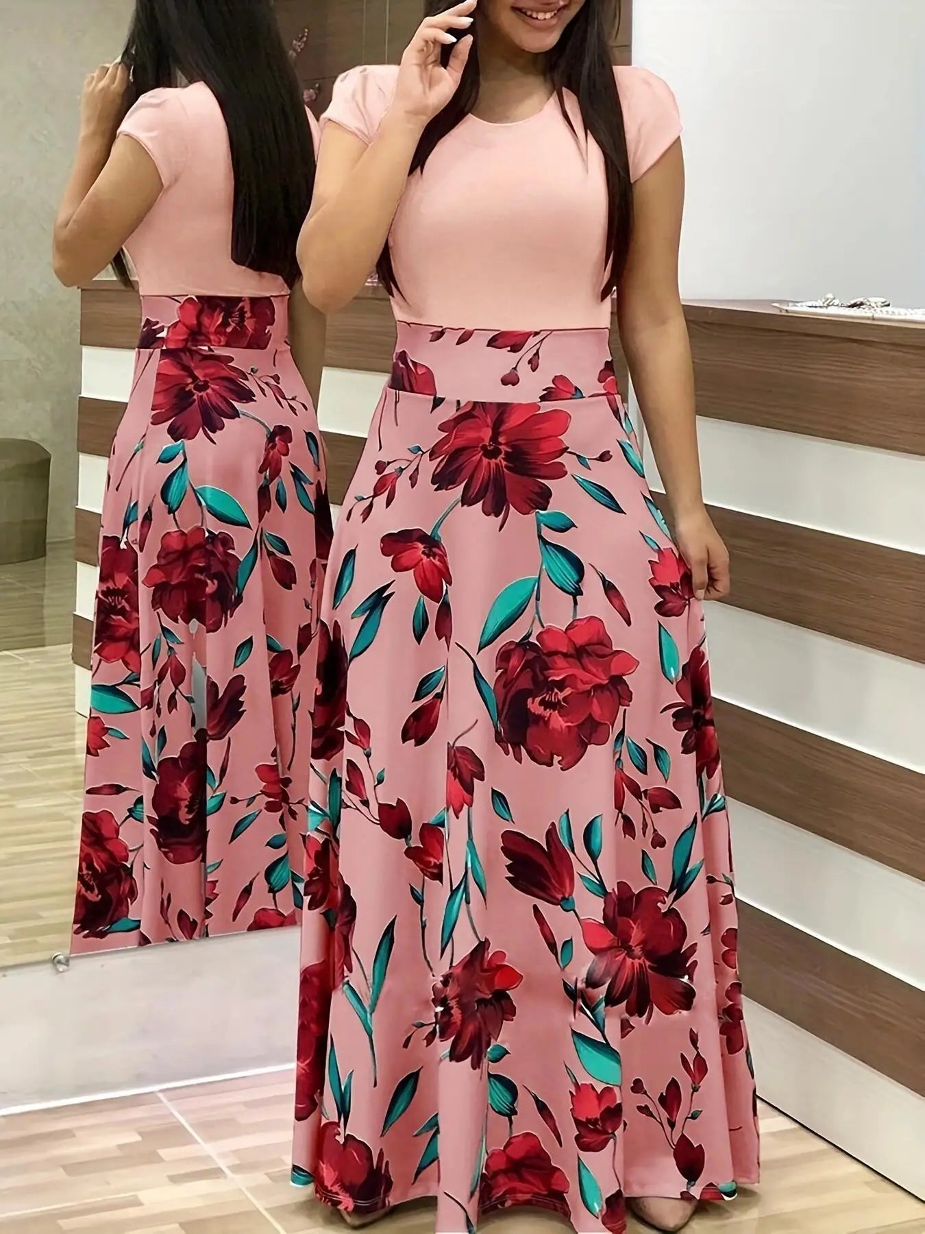 European and American style flower print color matching short sleeved dress