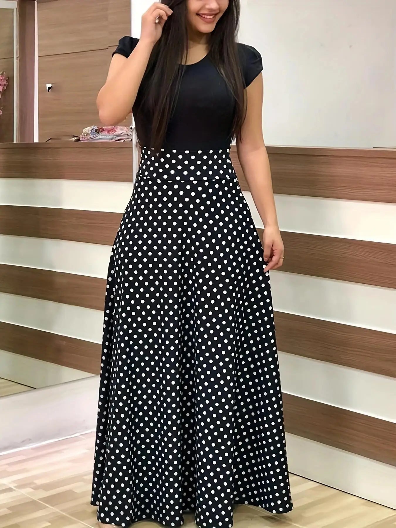 European and American style flower print color matching short sleeved dress