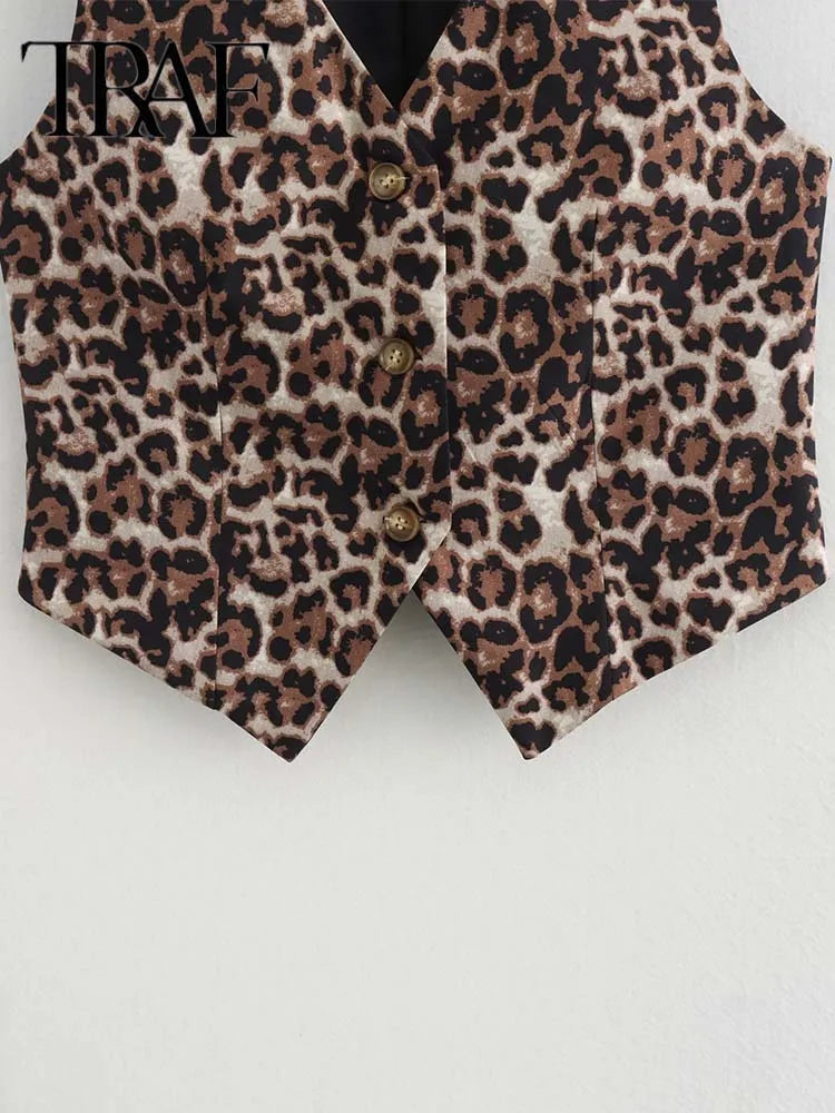 TRAF Women's Vest Fashion Leopard Summer V-Neck Single-breasted Vest Top