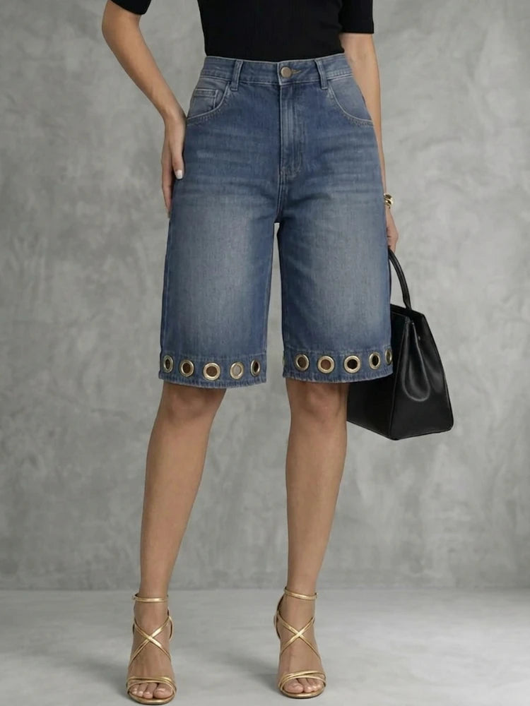 Bonboho Women's Eyelet Trim Denim Shorts Mid Blue High Waisted Wide Leg Bermuda Style