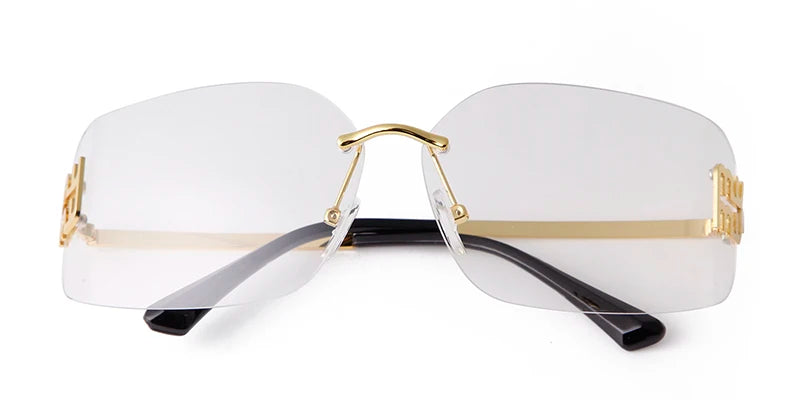 Trend Curved Rimless Film Lens Sunglasses Women Men Brand Design Metal Rivets Gradient Frameless Rectangle Shades Sun Glasses UV