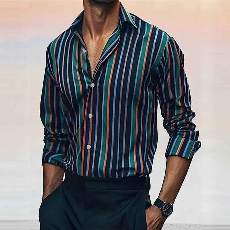Men's Striped Shirt Fashionable Casual Long Sleeved Lapel Button Soft And Comfortable