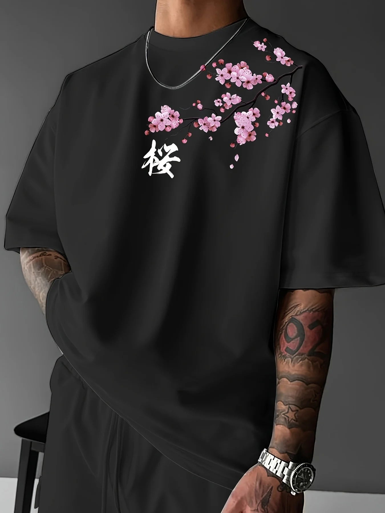 casual loose cherry blossom Japanese element printed sports breathable short sleeved round neck T-shirt