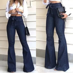 Women Jeans Denim Flare Pants Solid Color High Waist Zipper Fly Flat Pockets