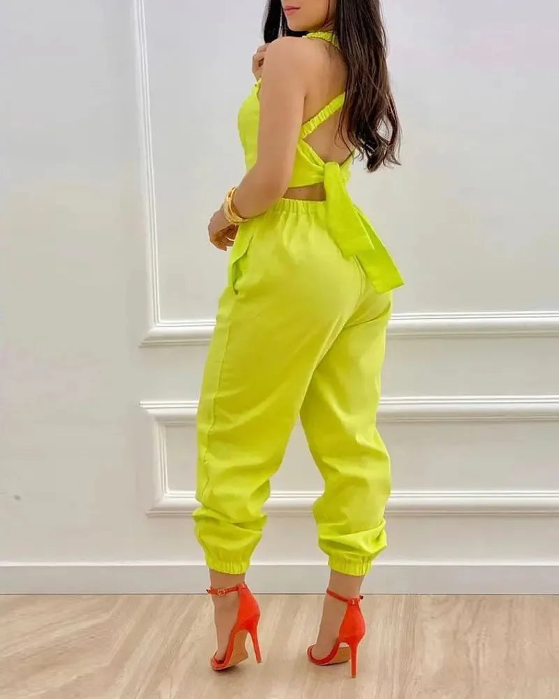 Elegant Women's jumpsuit Fashion Strap Hollow Sexy Off waist Printed