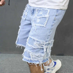 Denim Hole Knee Length Men Washed Jean Mid Waist Spliced Ripped Pockets