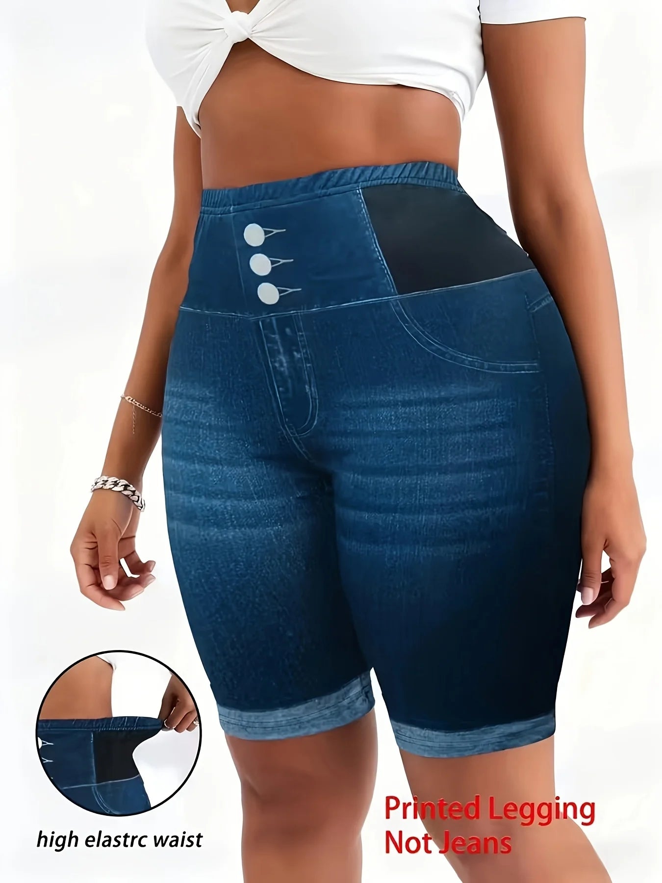 Tummy Control Biker Shorts, Chic 3-Button Faux Denim Cycling Shorts