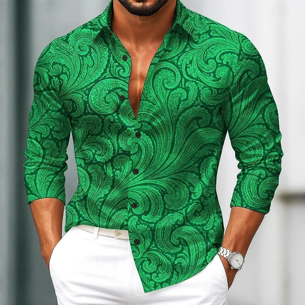 Men's Retro Print Shirt Long Sleeve Lapel Single-Breasted Comfortable Streetwear