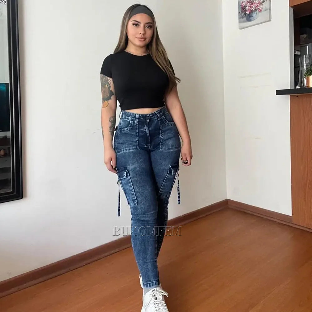 Straight Cargo Jeans Women's Streetwear Stretchy High Waisted New Fashion Jeans Unique Multi-Pocket Female Style Fall Pantalones