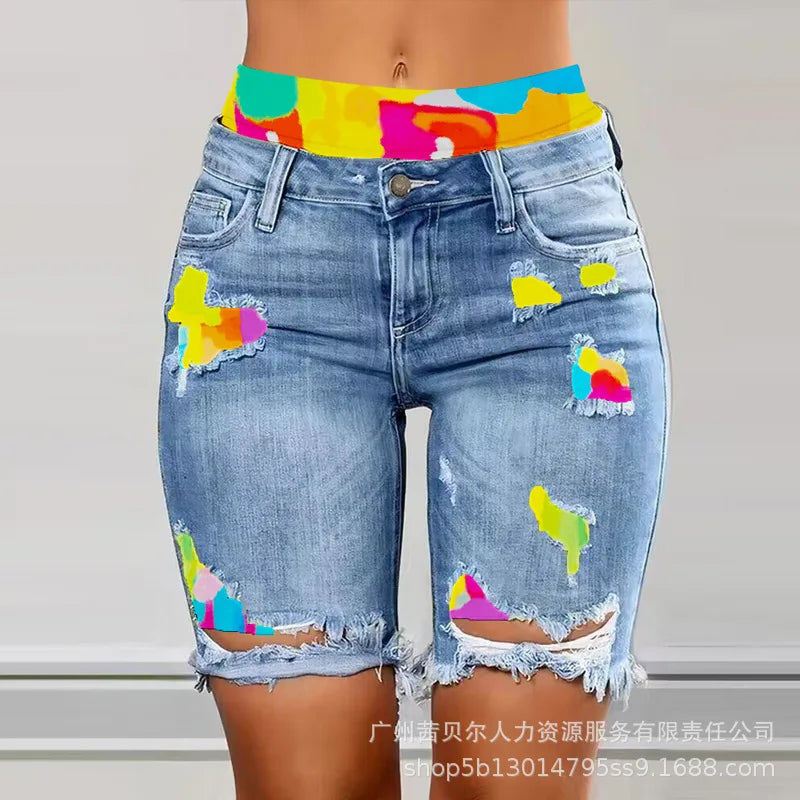 Fake Two-Piece Patchwork Cutout Ripped Jeans Women Ankle Length Fashion Casual High Waist Pencil Pants Denim