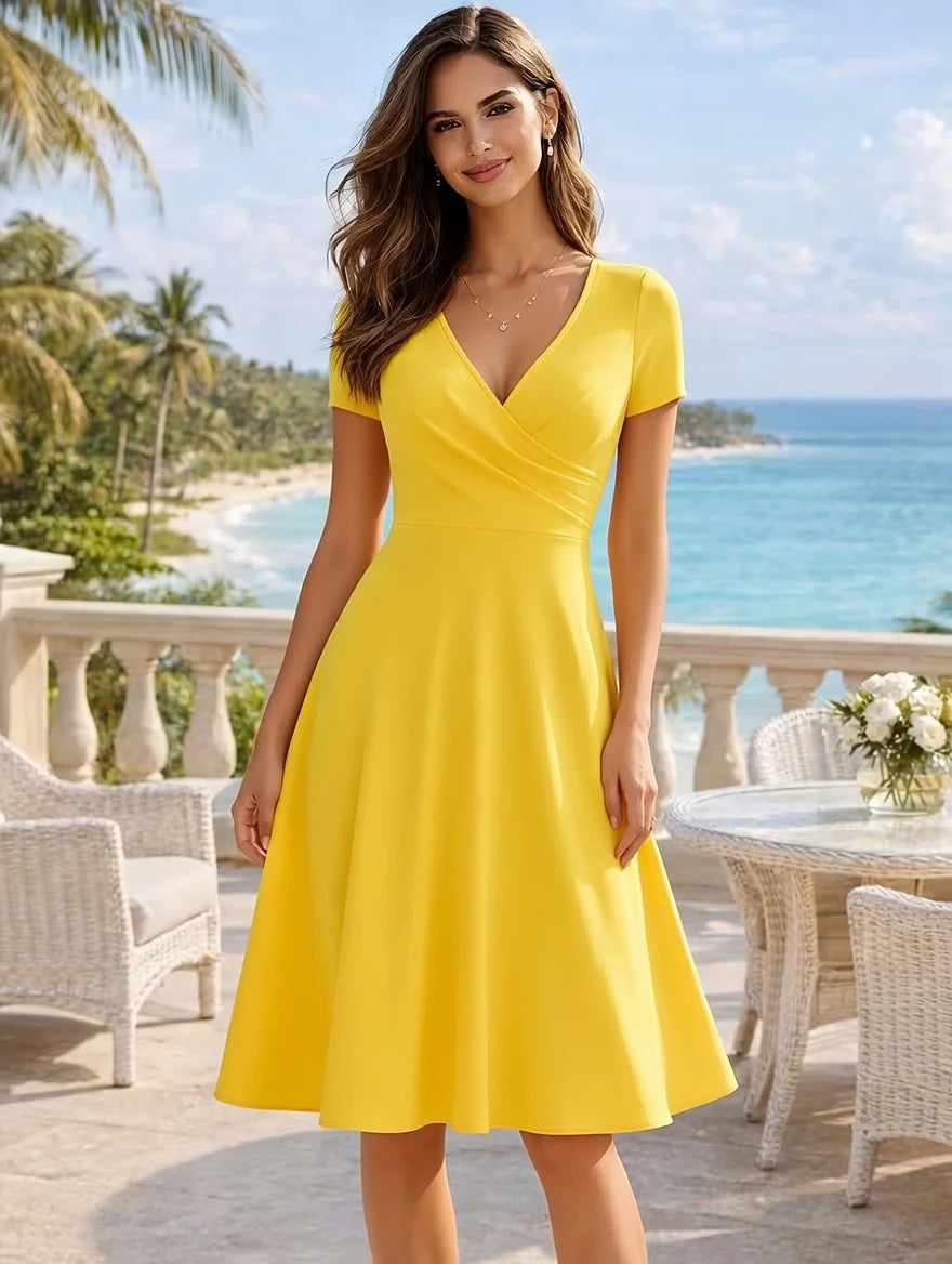 Women's Elegant Round Neck Summer Short Sleeve Solid A-Line Knee-length Dress