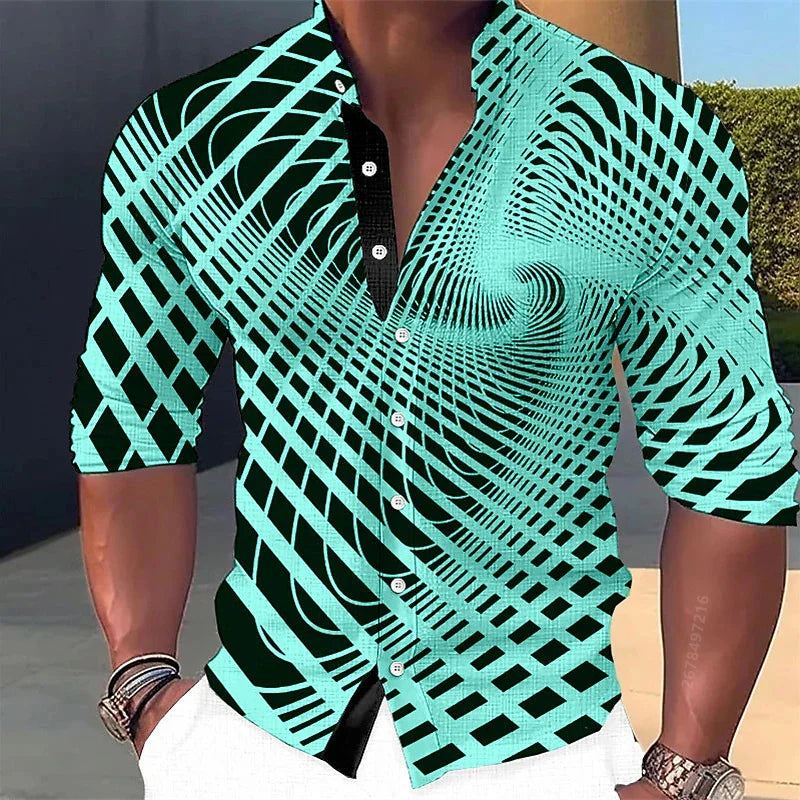 Men's long-sleeved shirt, stylish geometric print shirt, business casual slim-fit long-sleeved collared shirt for men.