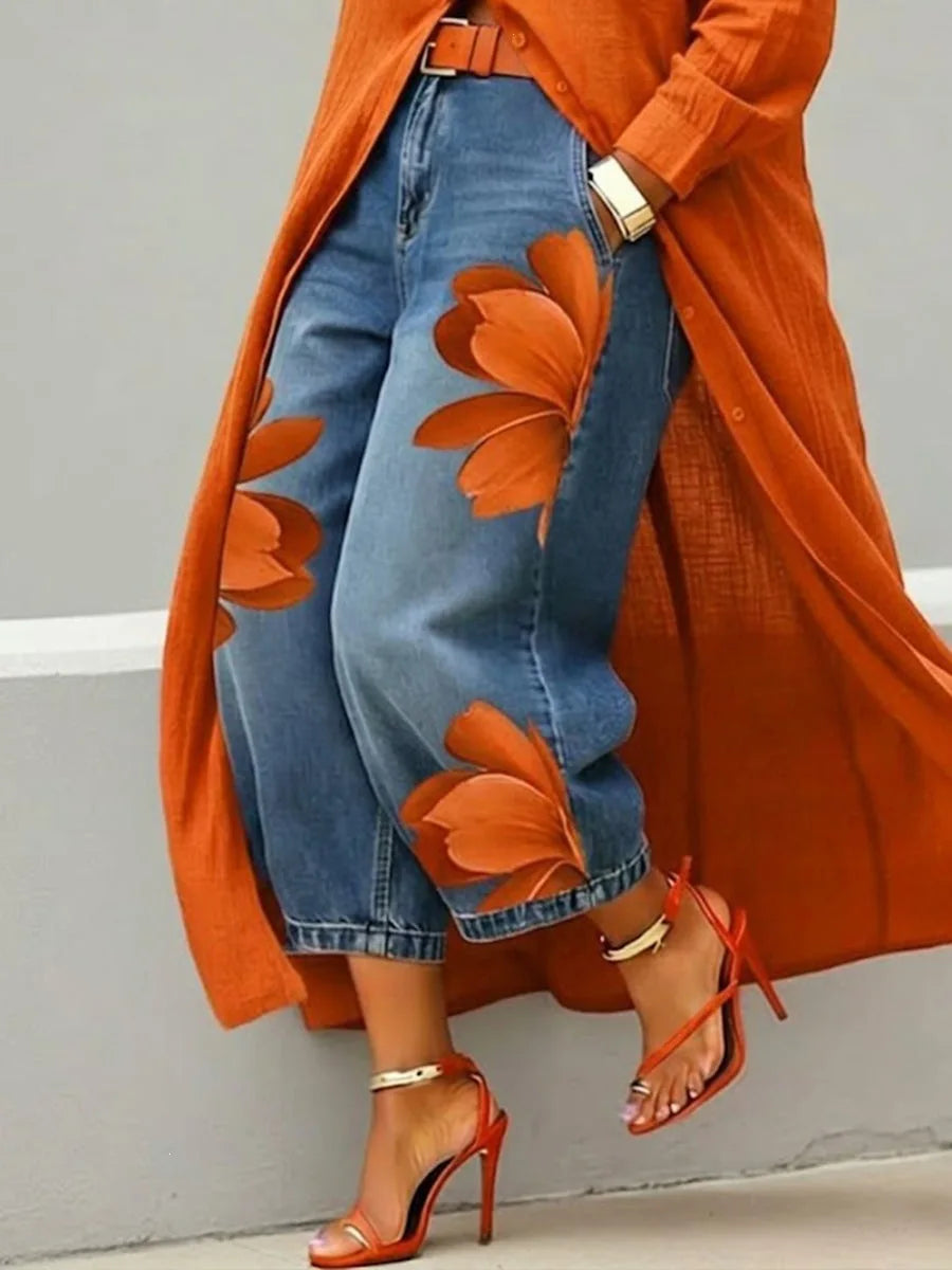 American Street Flower Printed High Waisted Jeans with Loose and Wide Legs