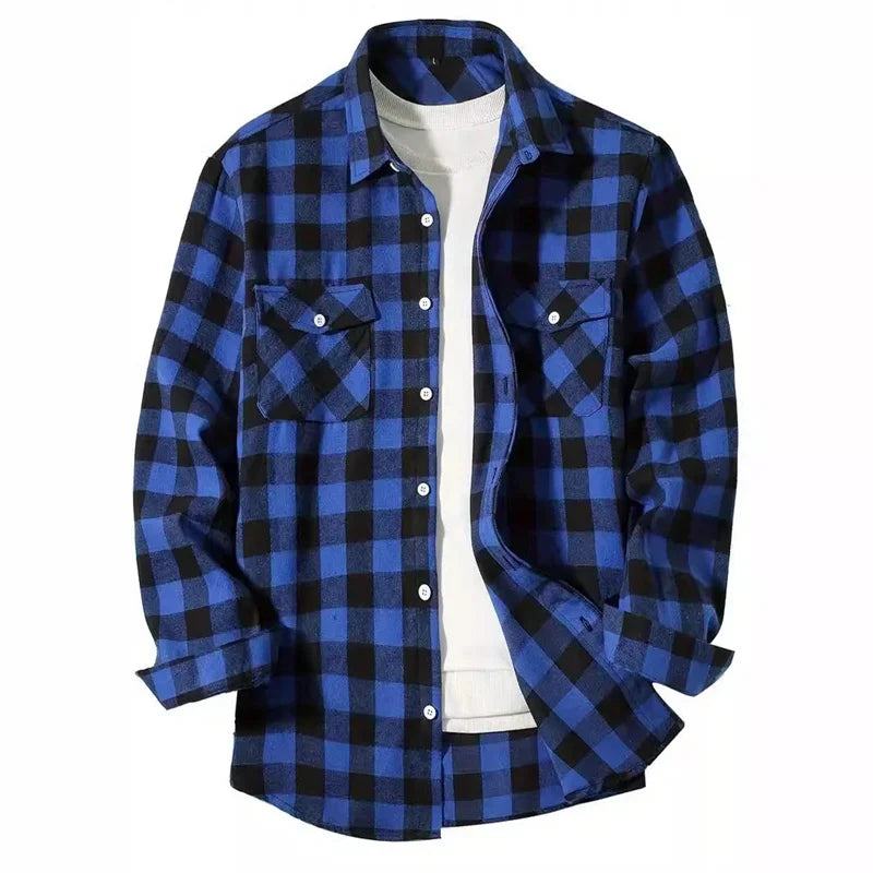 Mens Shirts fashion Classic Plaid cardigan Casual Shirt Long Sleeve Chest Two Pockets