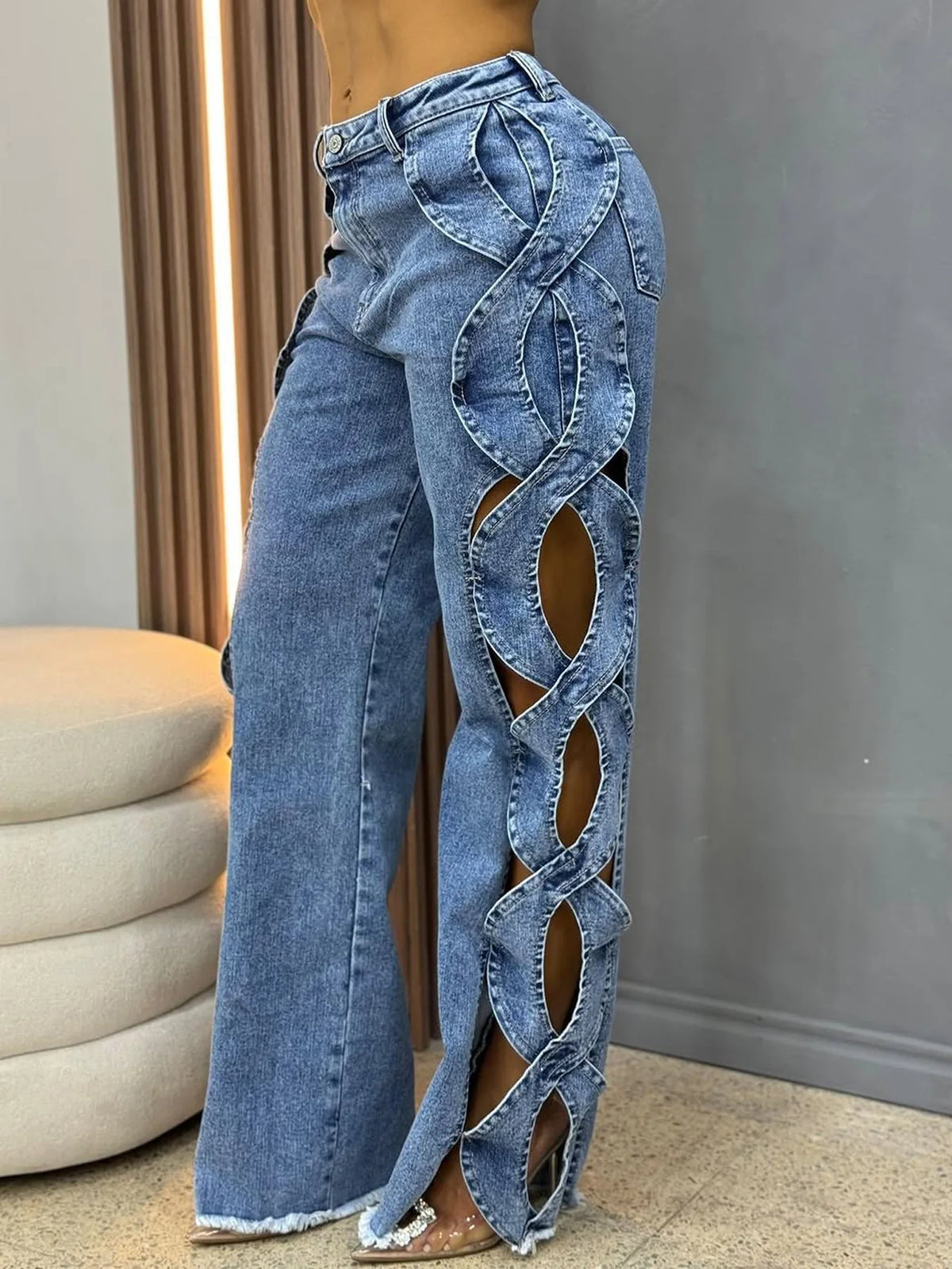 CM.YAYA Women Streetwear Cutout Hollow Out Criss Cross Side Wide Leg  Blue Denim Pants