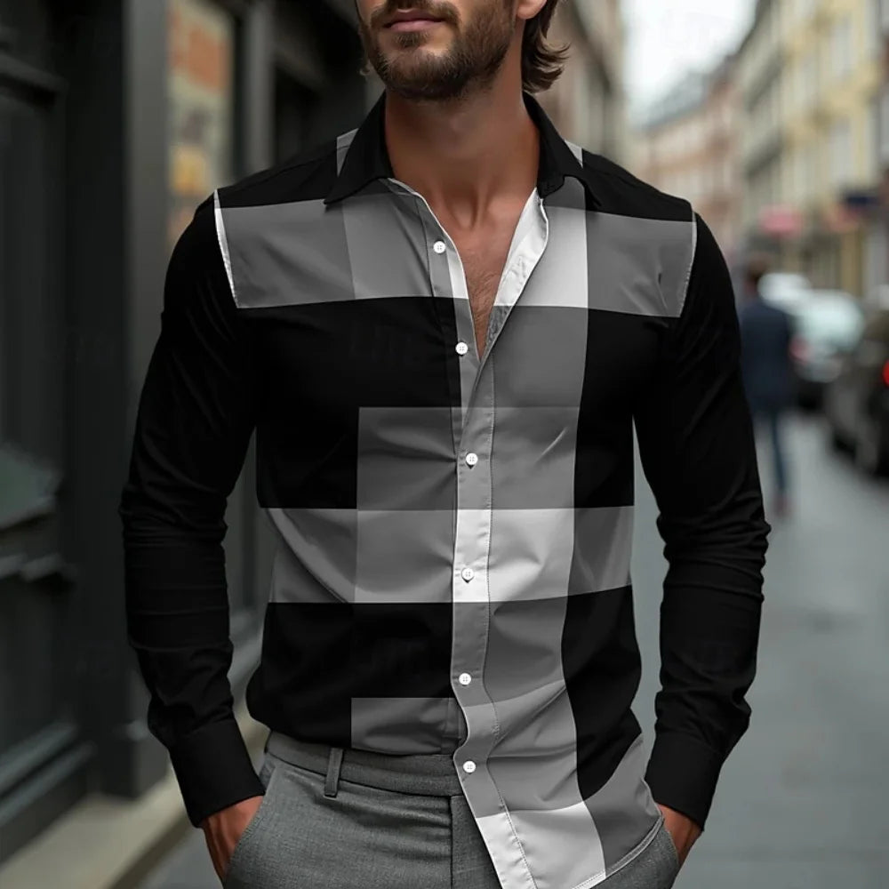 Men's Retro Print Shirt Long Sleeve Lapel Single-Breasted Comfortable Streetwear