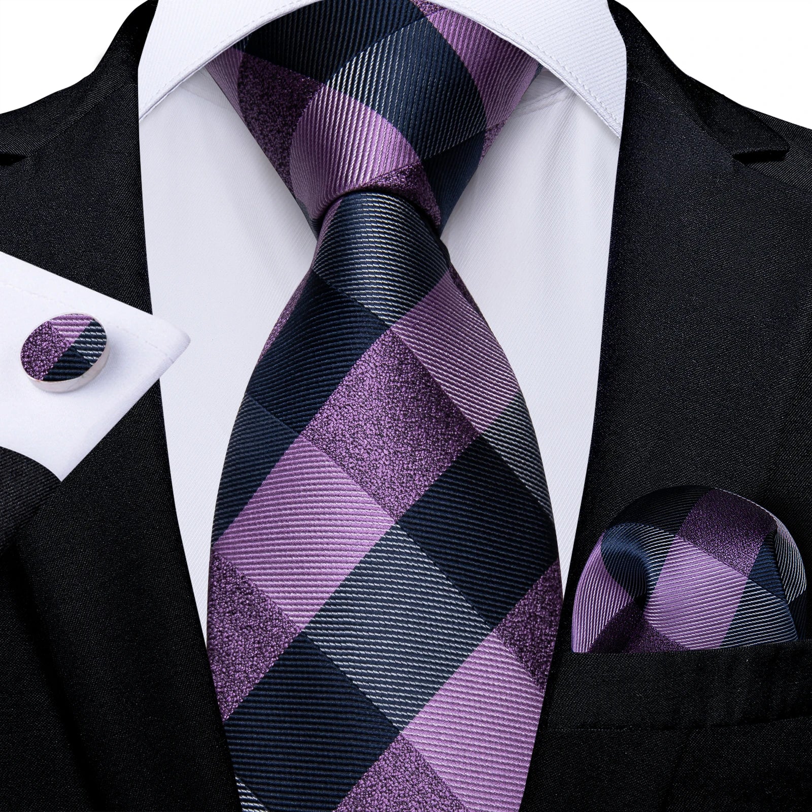 Luxury Blue Plaid Dot Ties For Men Solid Wedding Accessories Neck Tie Handkerchief Cufflinks Set Gravatas Mens Gift DiBanGu