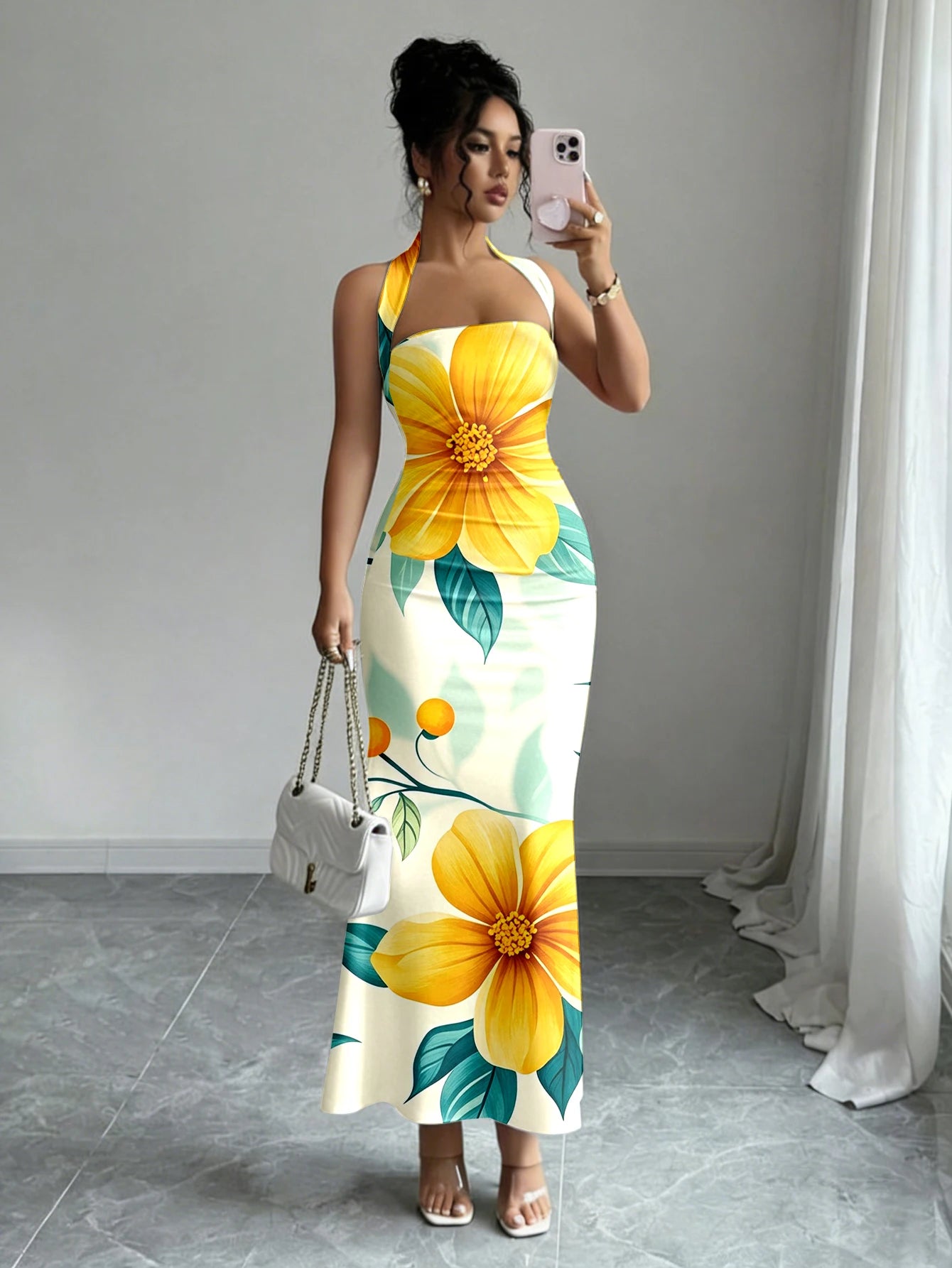 Hip-Hugging Sleeveless Long Skirt with Hanging Neck Design
