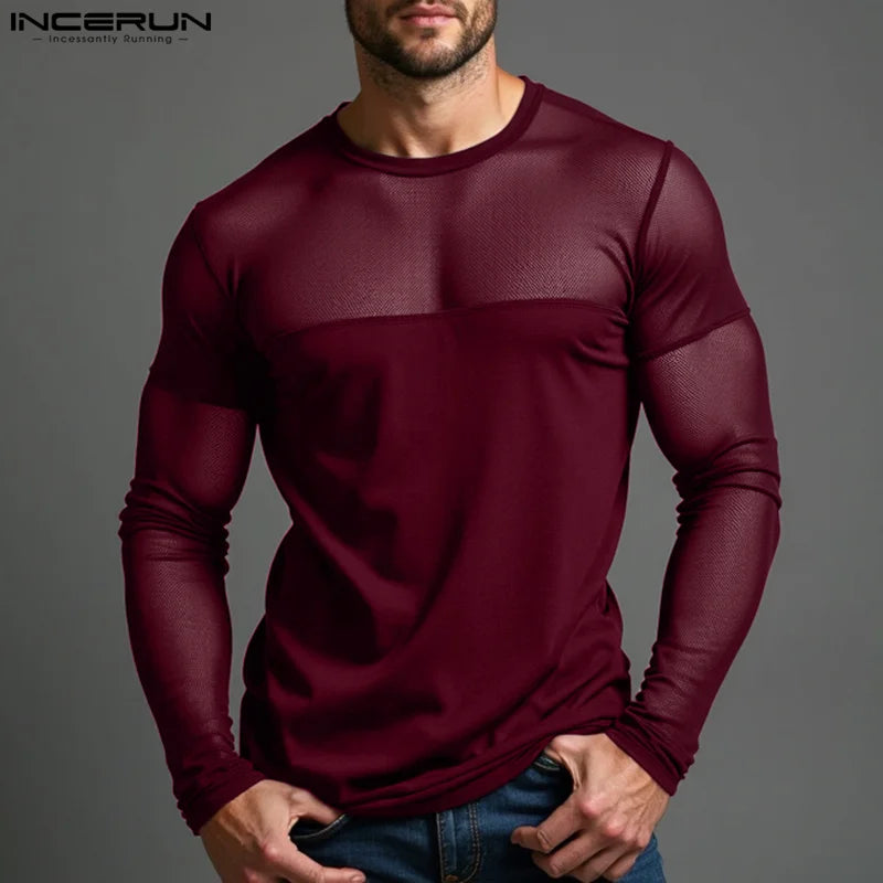 INCERUN New Men Mesh Design T-shirts Party Nightclub Male