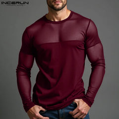 INCERUN New Men Mesh Design T-shirts Party Nightclub Male