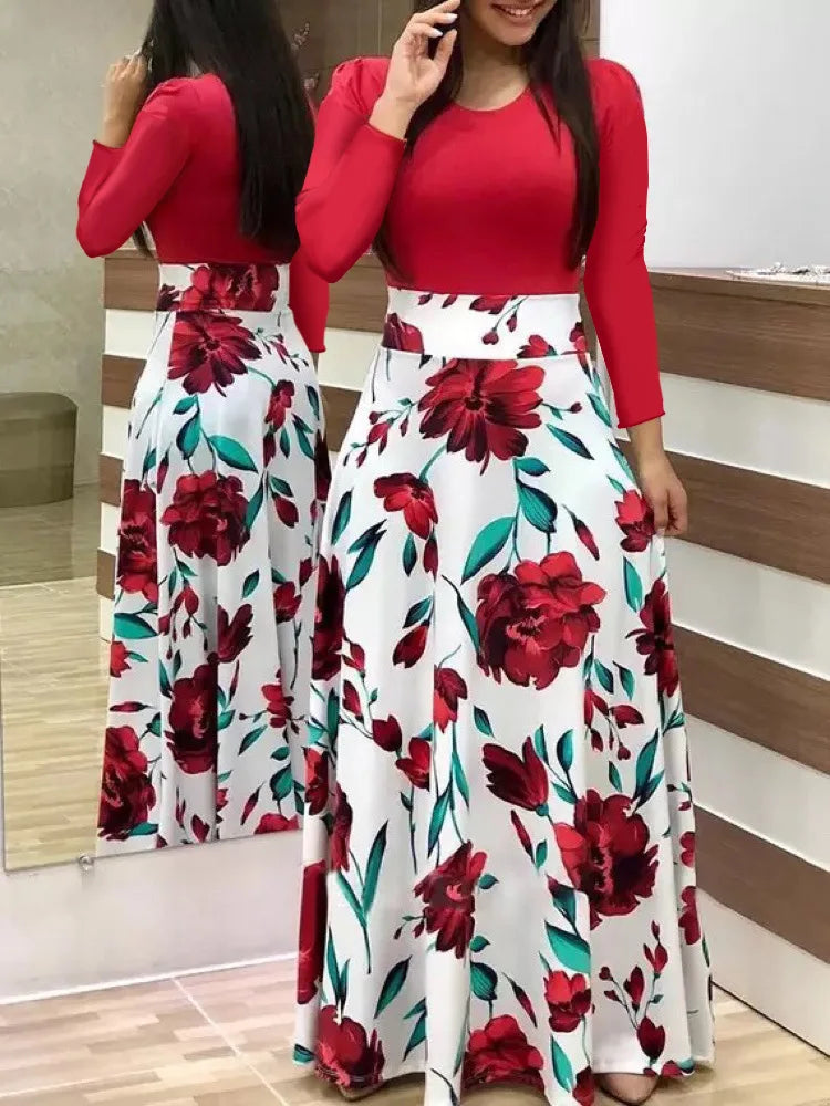 European and American style flower print color matching short sleeved dress
