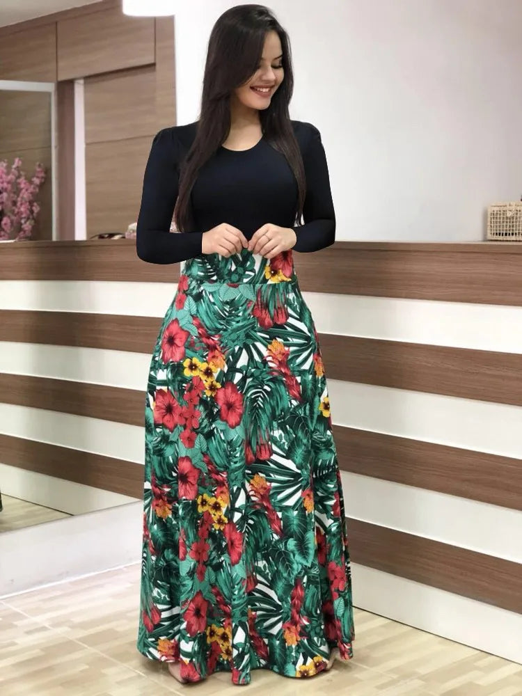 European and American style flower print color matching short sleeved dress