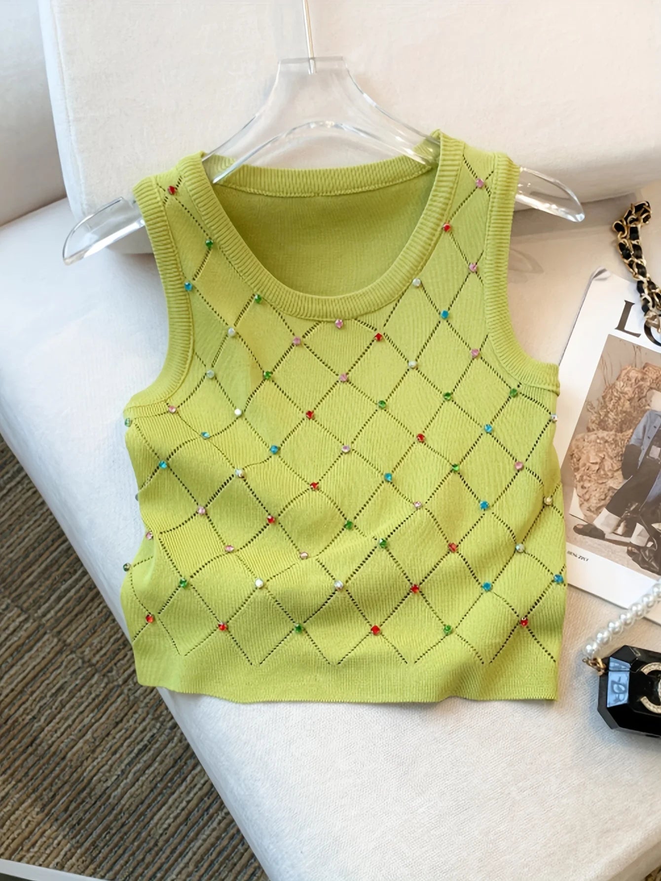 Colorful Rhinestone Knitted Tank Top Casual Crew Neck Sleeveless