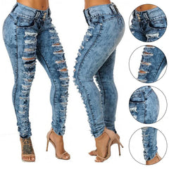 Womens Sexy High Waist Pencil Jeans Casual Blue Ripped Denim Pants Lady Long Skinny Slim Jeans Vintage Streetwear Jeans