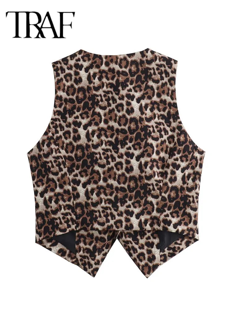 TRAF Women's Vest Fashion Leopard Summer V-Neck Single-breasted Vest Top