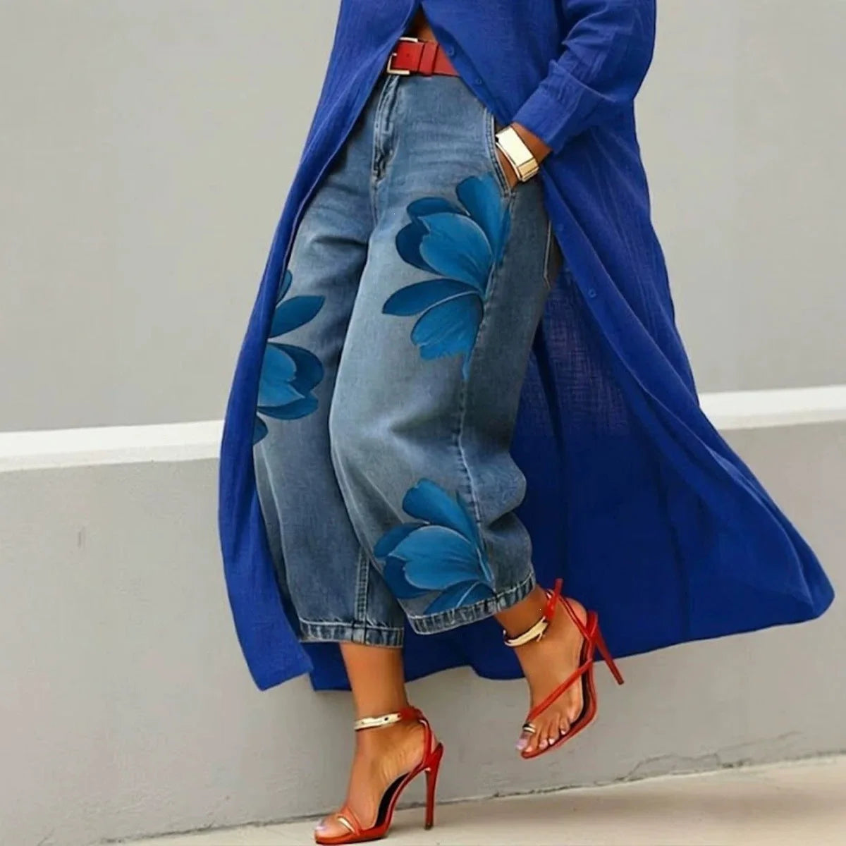 American Street Flower Printed High Waisted Jeans with Loose and Wide Legs